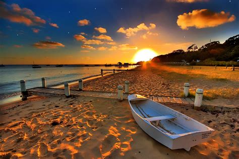 Fotografie Strand Landschaft Szene Fahrzeug Boot Sonnenuntergang Sonne