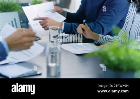 Moving Camera Flyover Shot Of The Business Meeting Room Table With