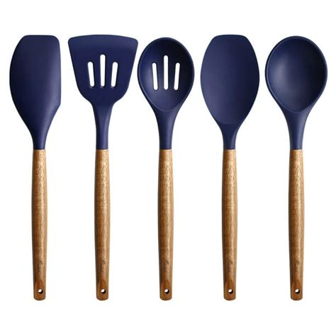 Miusco Silicone Cooking Utensil Set With Natural Acacia Hard Wood Handle Midnight Blue Set Of