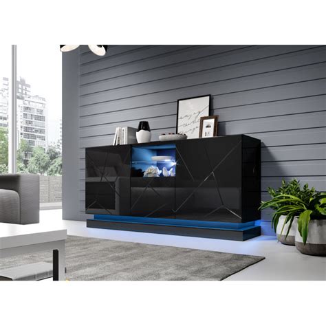 Buffet Bas Laqu Noir Avec Portes Et Niche De Rangement Et Led Clost