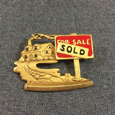 Vintage Realtor Pin Brooch Signed AJC Gold And Red Real Estate For Sale