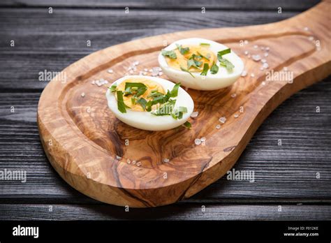 Boiled Eggs On A Cutting Board Stock Photo Alamy