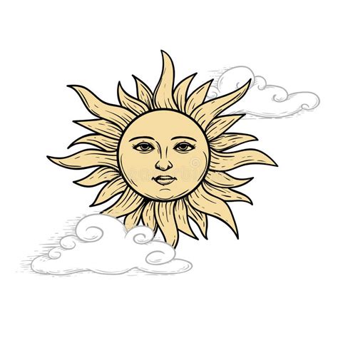 The Sun With Face Among The Clouds Mystical Heaven Hand Drawn