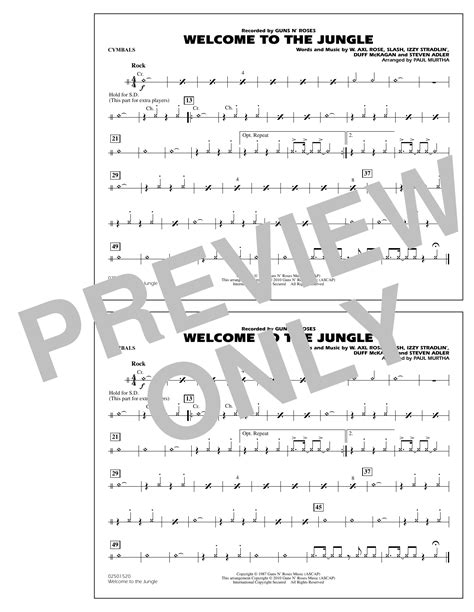 Welcome To The Jungle Cymbals Sheet Music Paul Murtha Marching Band