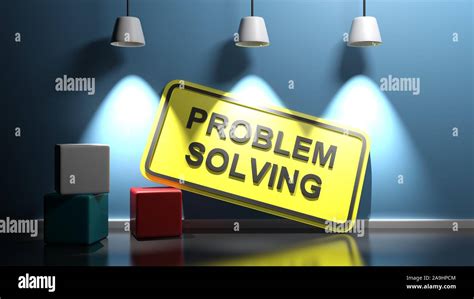 problem solving yellow sign  blue illuminated wall  rendering