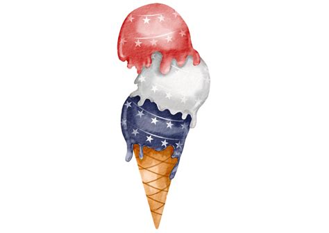 Hand Draw Ice Cream Cone With USA Flag Color Watercolor Brush Paint