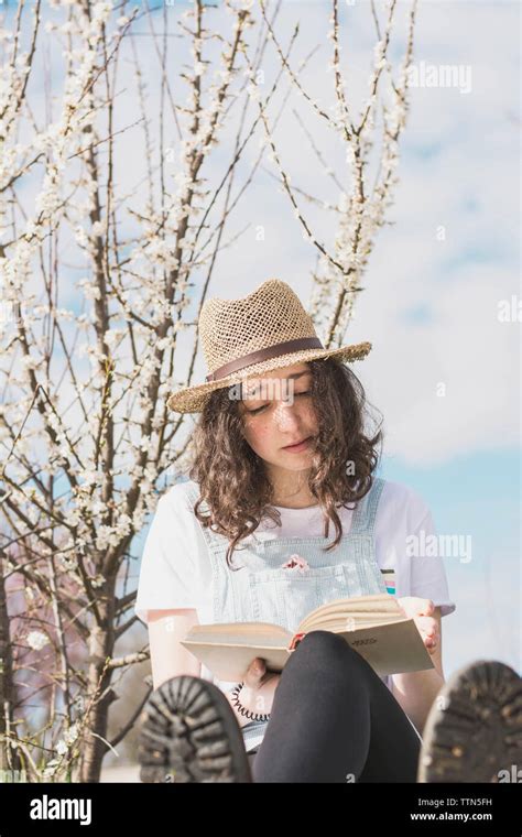 Full Length Of Young Woman Reading Book While Sitting Against Tree At