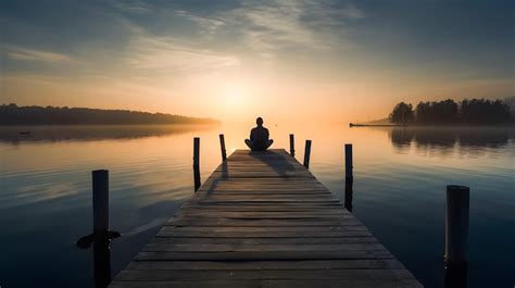 Una Persona Sentada En Un Muelle Mirando La Puesta De Sol Foto Premium