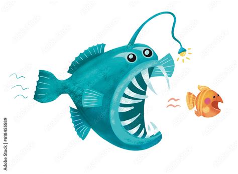 Funny scary fish devil chases cute little fish. Underwater animals. Sea ...