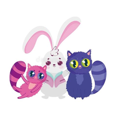 Cute Rabbit And Two Cats Cartoon Character Design Stock Vector