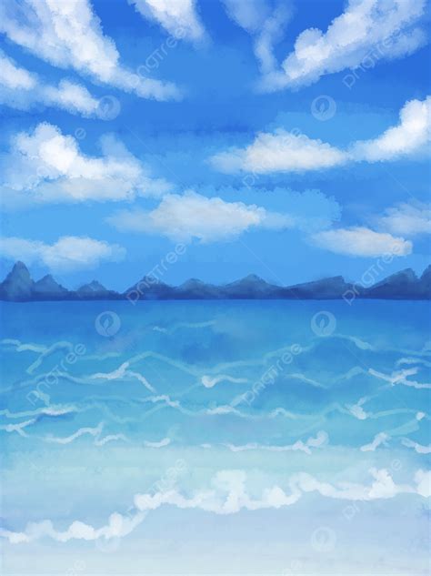 Hand Drawn Cartoon Japanese Scene Blue Sky White Clouds Beach Seaside