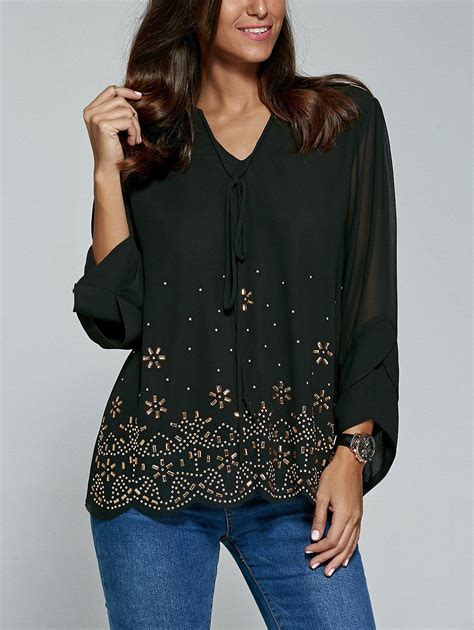 Long Sleeve V Neck Rhinestone Blouse Black Xl In Blouses