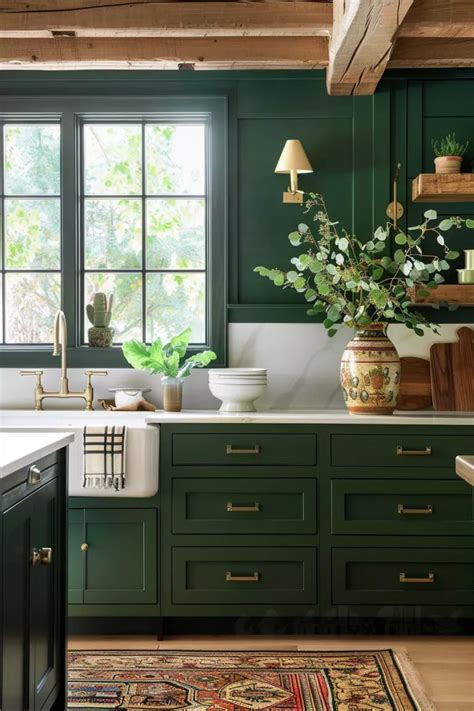 50 Kitchens With Green Cabinets And Wood Accents In 2024 Dark Green