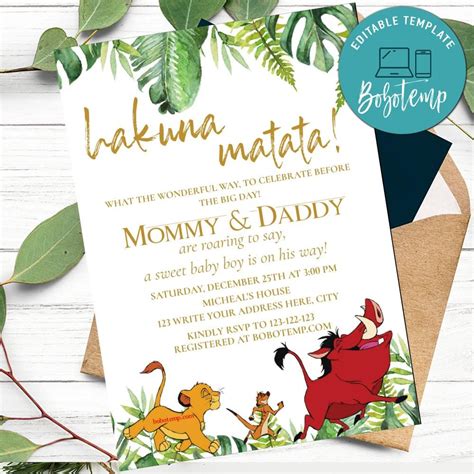 Hakuna Matata Lion King Baby Shower Invitation Printable DIY | Bobotemp