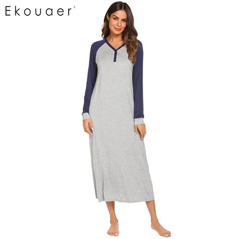 Ekouaer Women Nightgown Sleepwear Dress V Neck Long Sleeve Patchwork