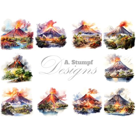 Volcano Clipart Set Nature Landscape Mountain Scene Volcanic Eruption