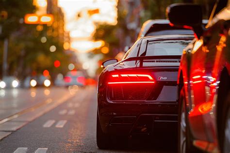 HD wallpaper: audi r8 headlight, back view, street, bokeh, blur ...