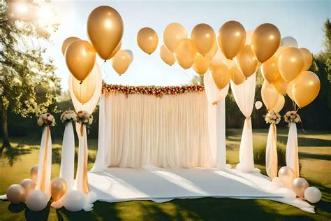 gold balloons and white curtains for a wedding ceremony. AI-Generated ...