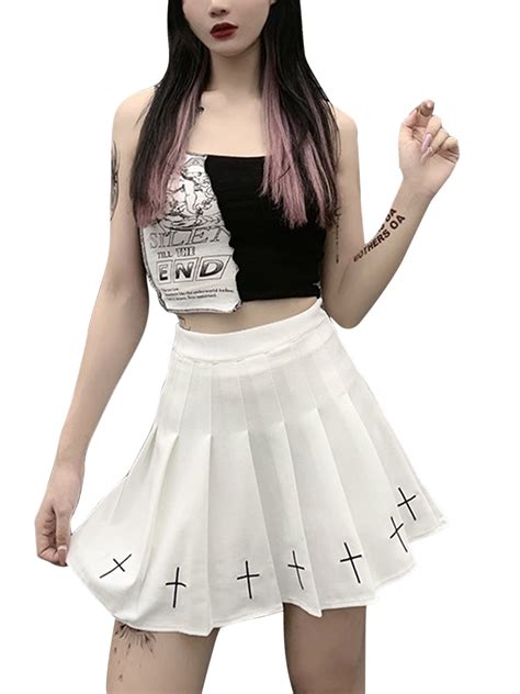 Wakeuple Women Goth Punk Short Skirt High Waisted Pleated A Line Gothic