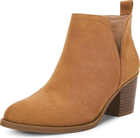 Coutgo Womens Cut Out Ankle Boots Chunky Stacked Heel Almond Toe Slip