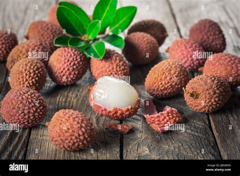 Lychees Fruits On Wooden Background Stock Photo Alamy