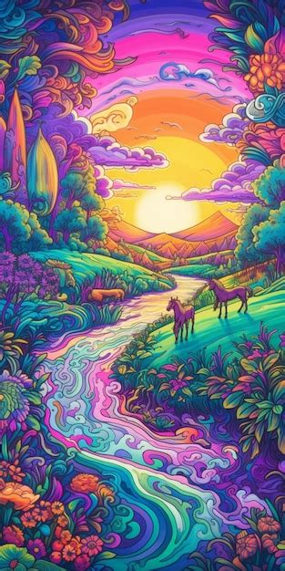 Premium AI Image | A colorful painting of horses in a forest with a ...