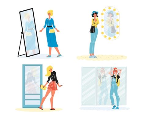 Premium Vector Woman Looking At Mirror Reflection Isolated Set