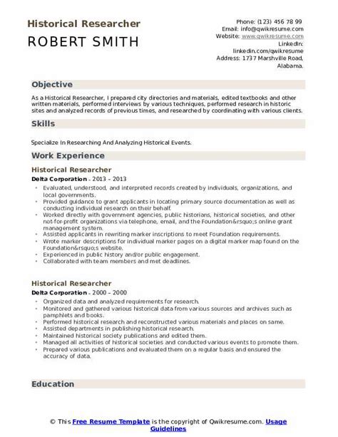 Historical Researcher Resume Samples Qwikresume