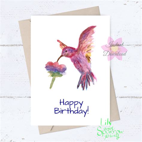 PRINTABLE Hummingbird Birthday Card Watercolor Bird Greeting | Etsy