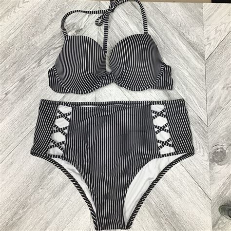 Shade Shore Womens Bikini Swimsuit Black Stripe Halter Caged Cutout