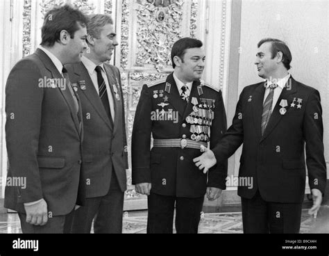 Left To Right Ussr Pilot Cosmonauts Alexander Laveikin Anatoly