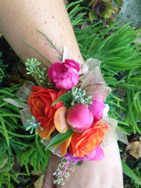 Hot Orange And Pink Corsage With Shimmer Champagne Ribbon