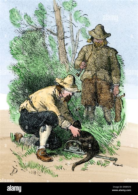 Early Fur Trappers Catching An Otter Hand Colored Woodcut Stock Photo