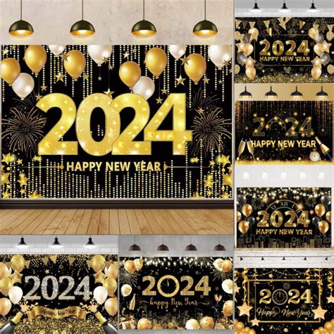 1 5x1M Vinyl Happy New Year 2024 Black Gold Backdrop Glitter Clock