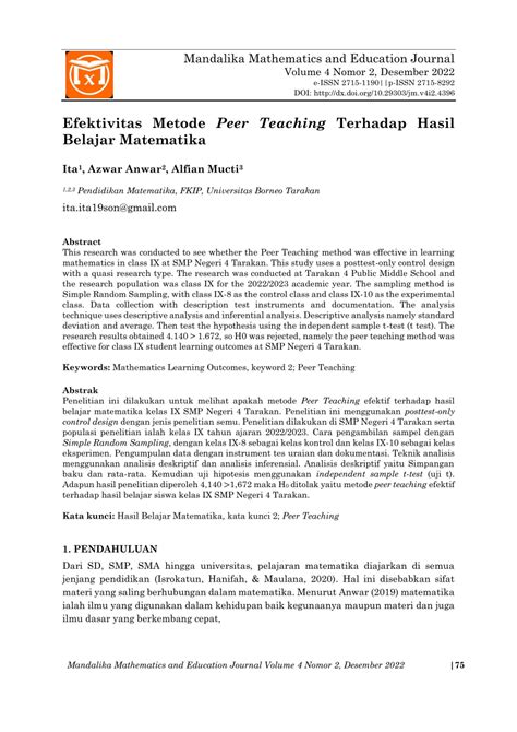 Pdf Efektivitas Metode Peer Teaching Terhadap Hasil Belajar Matematika