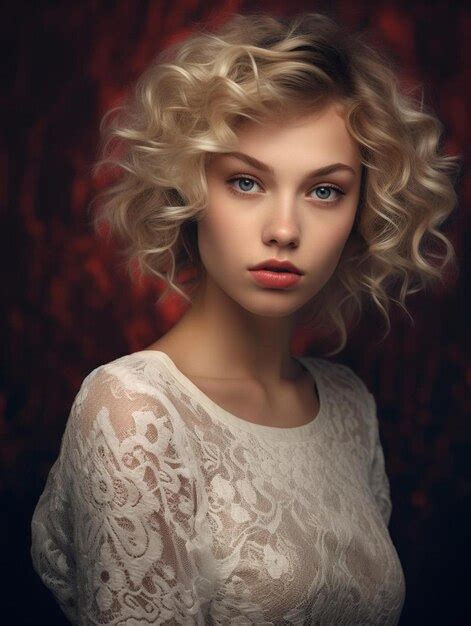 Premium AI Image A Woman With Blonde Hair And A White Lace Dress Is Standing In Front Of A Red