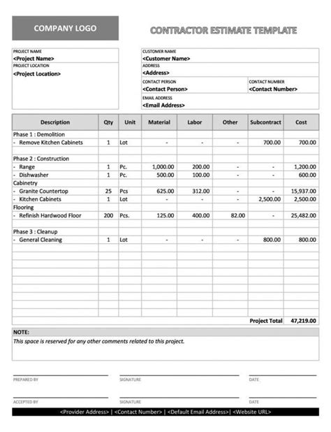 Free Builder Estimate Template Word Example Estimate Template