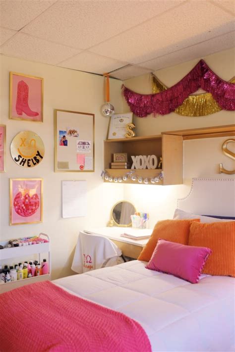 Chi Omega Sorority Dorm Room Inspo Pink And Orange Dorm In 2024 Dorm Room Decor Pink Dorm