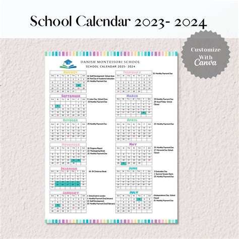 School Calendar 2023 2024 Perfect For Preschool Daycare Or Childcare