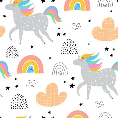 Premium Vector Seamless Pattern With Cartoon Unicorns Rainbows Clouds