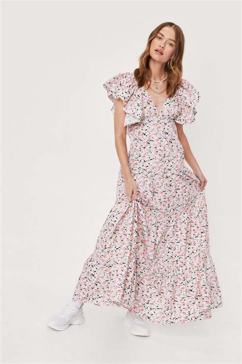 Womens Floral Print Ruffle Detail Maxi Smock Dress Boohoo Uk