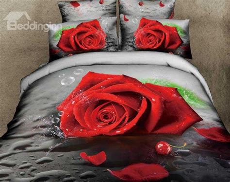 New Arrival Amazing Red Rose And Cherry Print 4 Piece Bedding Sets