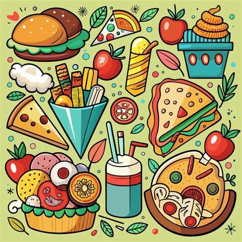 Cartoon Illustration Of Various Fast Foods Like Pizza Burger Sandwich