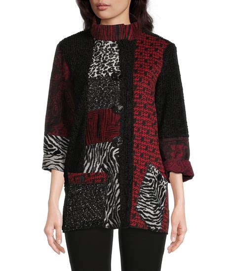 Ali Miles Multi Patchwork Print Funnel Neck 3 4 Cuffed Sleeve Patch