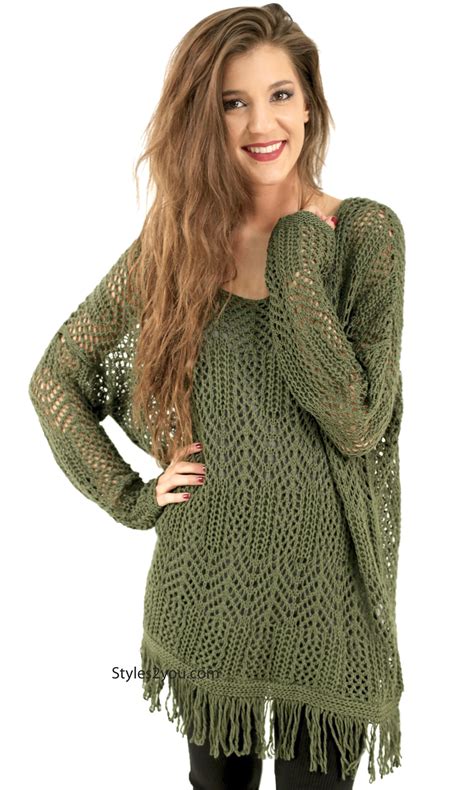 Rainey Oversized Bohemian Sweater With Fringe Olive Monoreno Top [m9103 Monoreno Boho Sweater