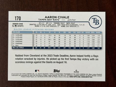 Aaron Civale Tampa Bay Rays Topps Card Ebay