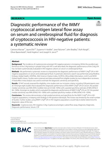 Pdf Diagnostic Performance Of The Immy Cryptococcal Antigen Lateral Flow Assay On Serum And