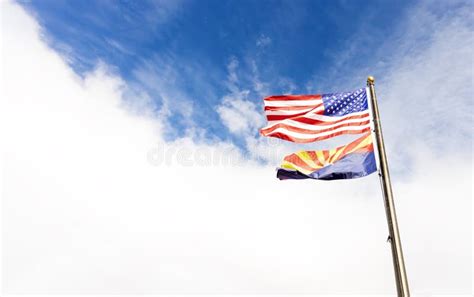 Design Waving American Usa Flags And Flag Of Arizona State On Flagpole On Background Of Stock