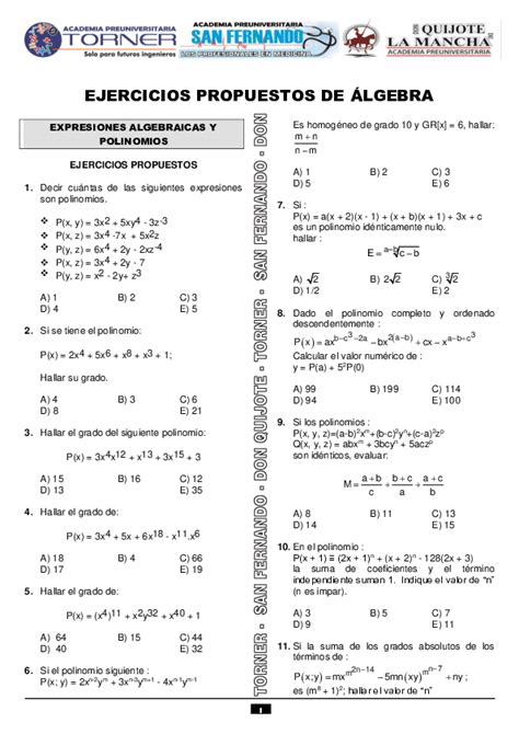 Pdf Álgebra Ejercicios Propuestos Ciclo Semianual Unheval 2021 I Expresiones Algebraicas Y