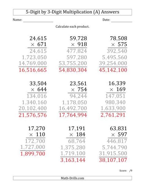 Multiplying 5 Digit By 3 Digit Numbers Large Print With Comma